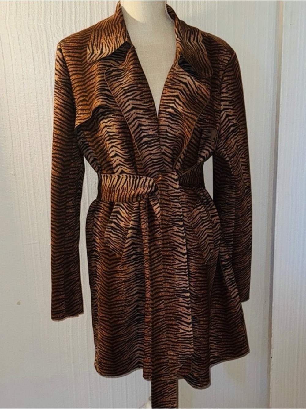 Solitaire Faux Suede Tiger Stripe Statement Trench Coat Belted Size M